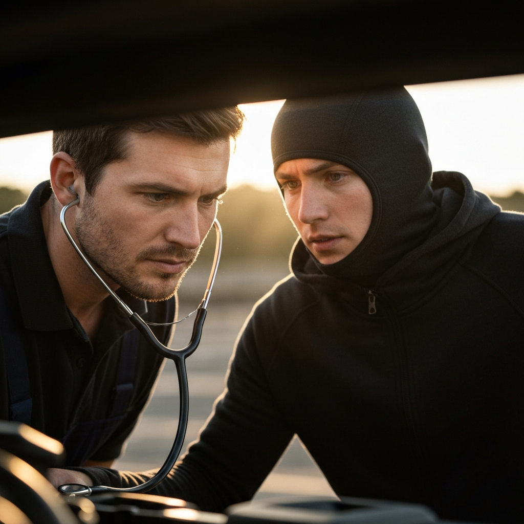Mechanic with stethoscope listening to the engine block, with focus on his face and the stethoscope placement. Soft overhead lighting.