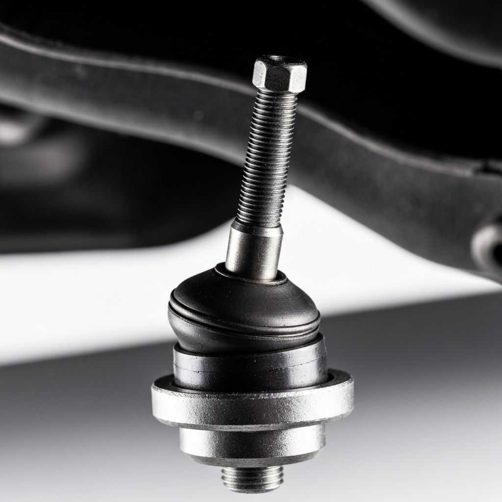 Close-up of a worn ball joint on a car's suspension system. The lighting highlights the wear and tear on the ball joint components.