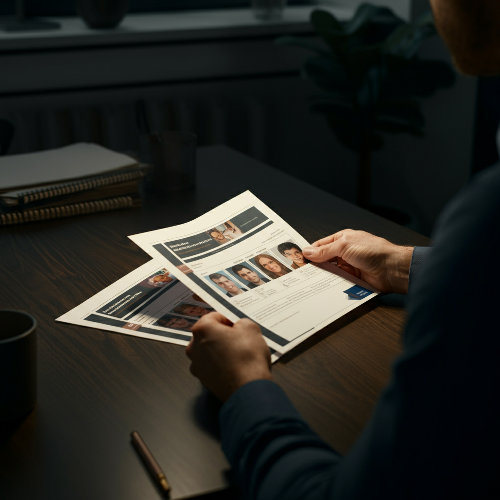 A brightly lit office. A team leader sits at a desk reviewing several printed audience profiles, complete with demographics and key interests. Soft bokeh in the background.