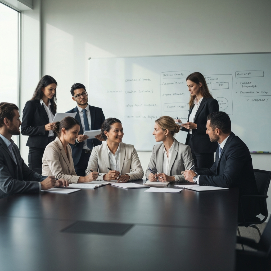 A brainstorming session in a conference room. Natural light streams through the window, highlighting the side-lit texture of a whiteboard filled with ideas. A diverse group of professionals in business attire are collaboratively writing and discussing options.