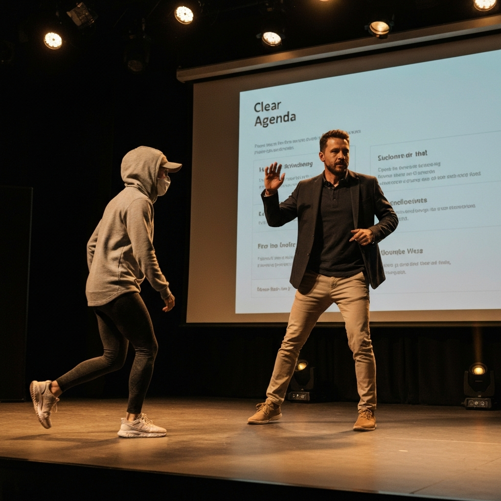 A presenter stands confidently on a stage in front of a large screen displaying a clear, structured agenda. Warm, inviting stage lighting with soft shadows.