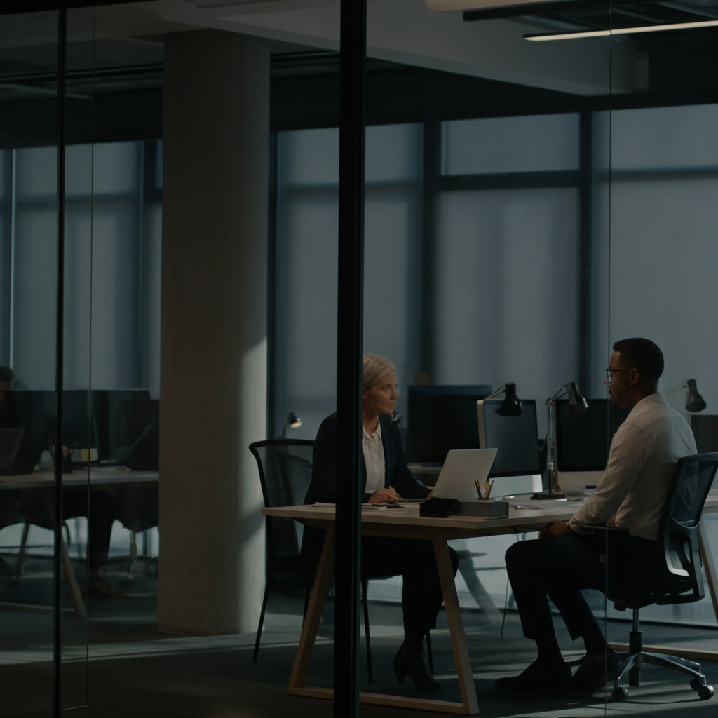 A one-on-one conversation in a quiet office. The person on the left is attentively listening, making eye contact, and nodding in agreement. Focus on the genuine expression of active listening.