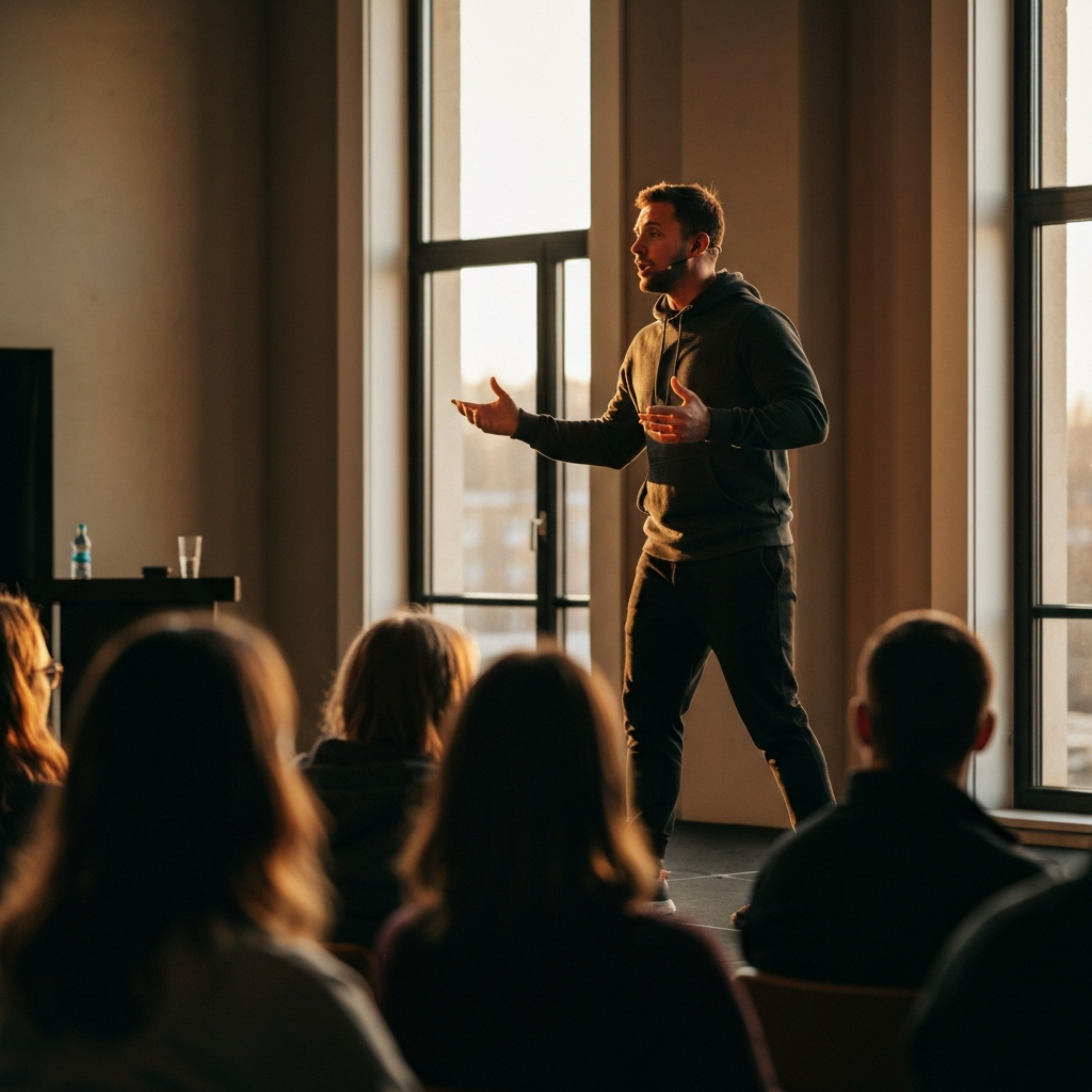 A speaker on stage, passionately gesturing while addressing an audience. Golden hour lighting is coming through the window, casting warm light on the presenter.