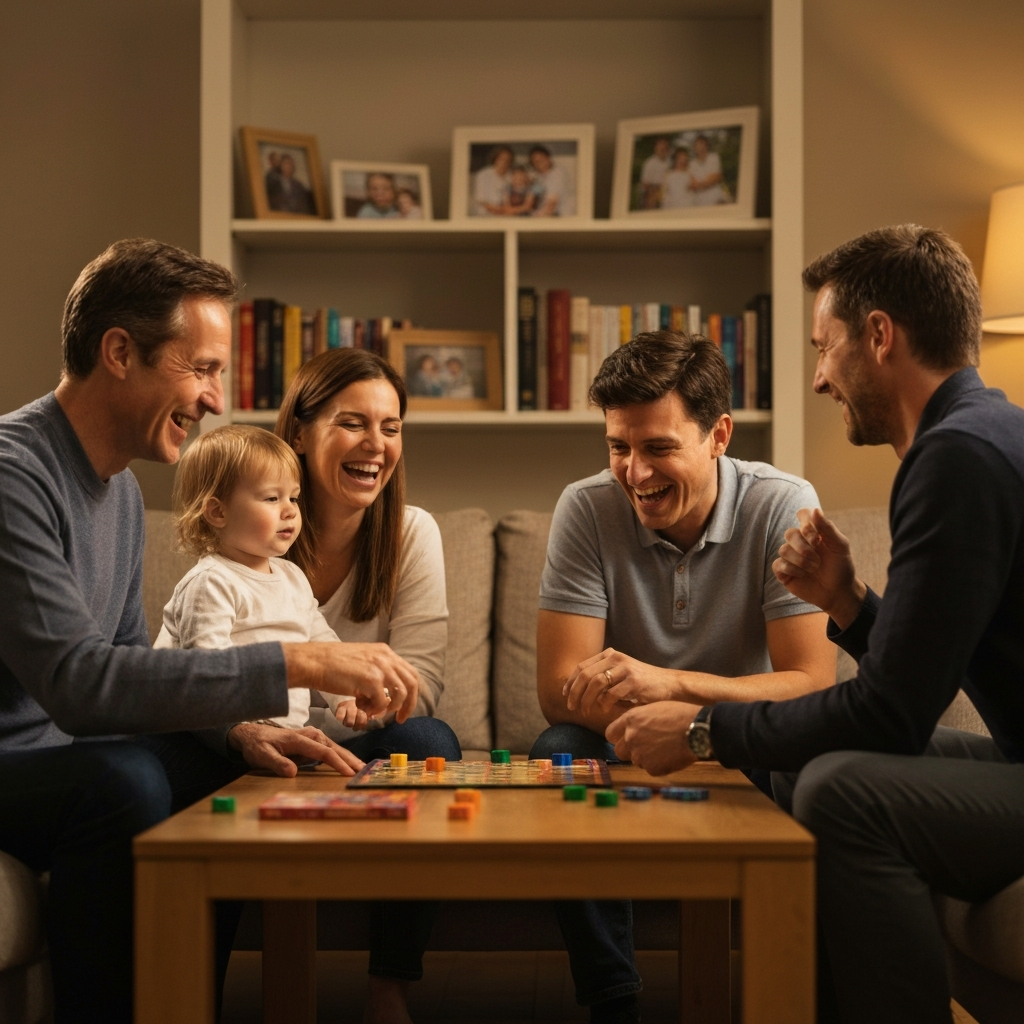 A warmly lit living room. A family of four is laughing and playing a board game. Soft bokeh in the background shows a bookshelf filled with family photos and books.