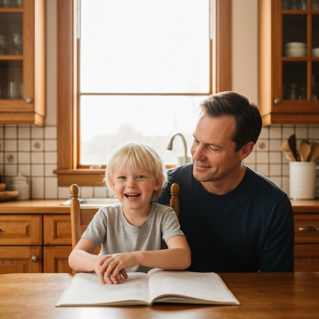 A parent and a child are sitting at a kitchen table. The child is telling a story, and the parent is listening attentively with a gentle smile. The kitchen is bathed in soft, natural light.