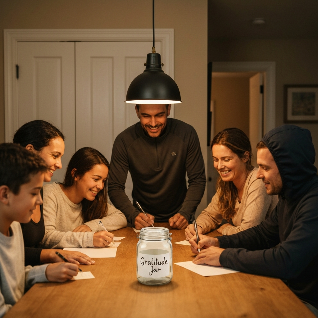 A family is sitting around a dining table. They are all smiling and writing on small pieces of paper. A glass jar labeled "Gratitude Jar" is in the center of the table. The room is warmly lit with a pendant light fixture above the table.