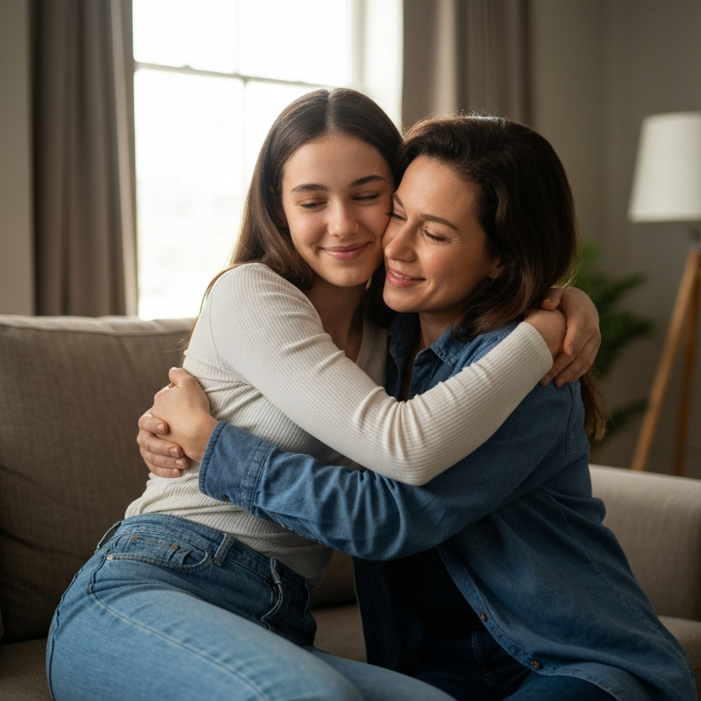 A mother is hugging her teenage daughter. The daughter is smiling and looks comforted. They are in a living room with comfortable furniture and soft lighting.
