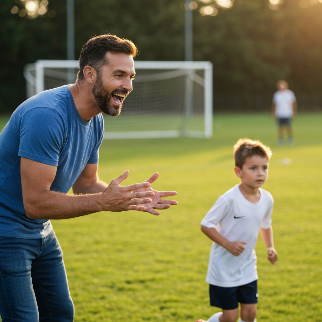 A father is watching his son play soccer from the sidelines. He is cheering and smiling. The soccer field is bathed in golden hour lighting.