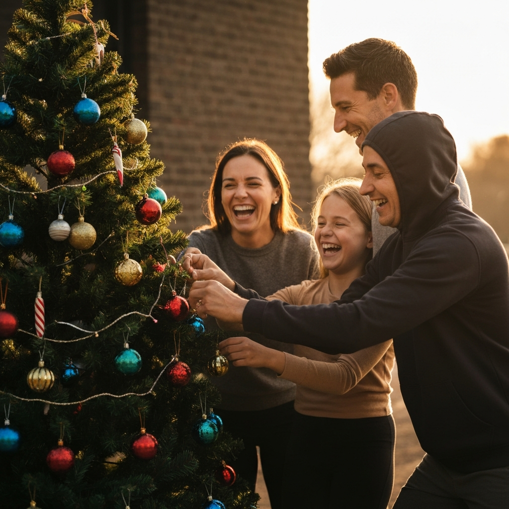 A family is decorating a Christmas tree together. They are laughing and smiling. The tree is adorned with colorful ornaments and twinkling lights.