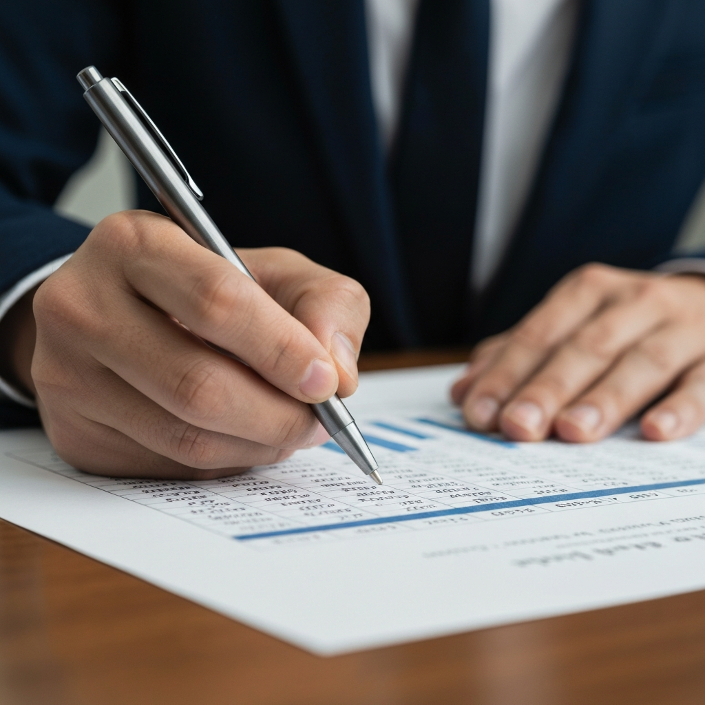 A close-up shot of a hand holding a pen, circling figures on a printed balance sheet. Soft lighting highlights the texture of the paper and the metallic glint of the pen.