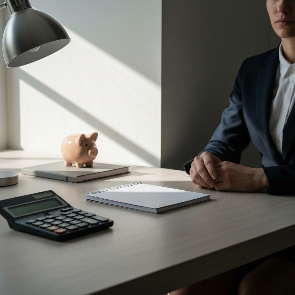 A well-organized desk with a calculator, a notebook, and a stylized piggy bank. The light is coming from a window, creating soft shadows and highlighting the surfaces.