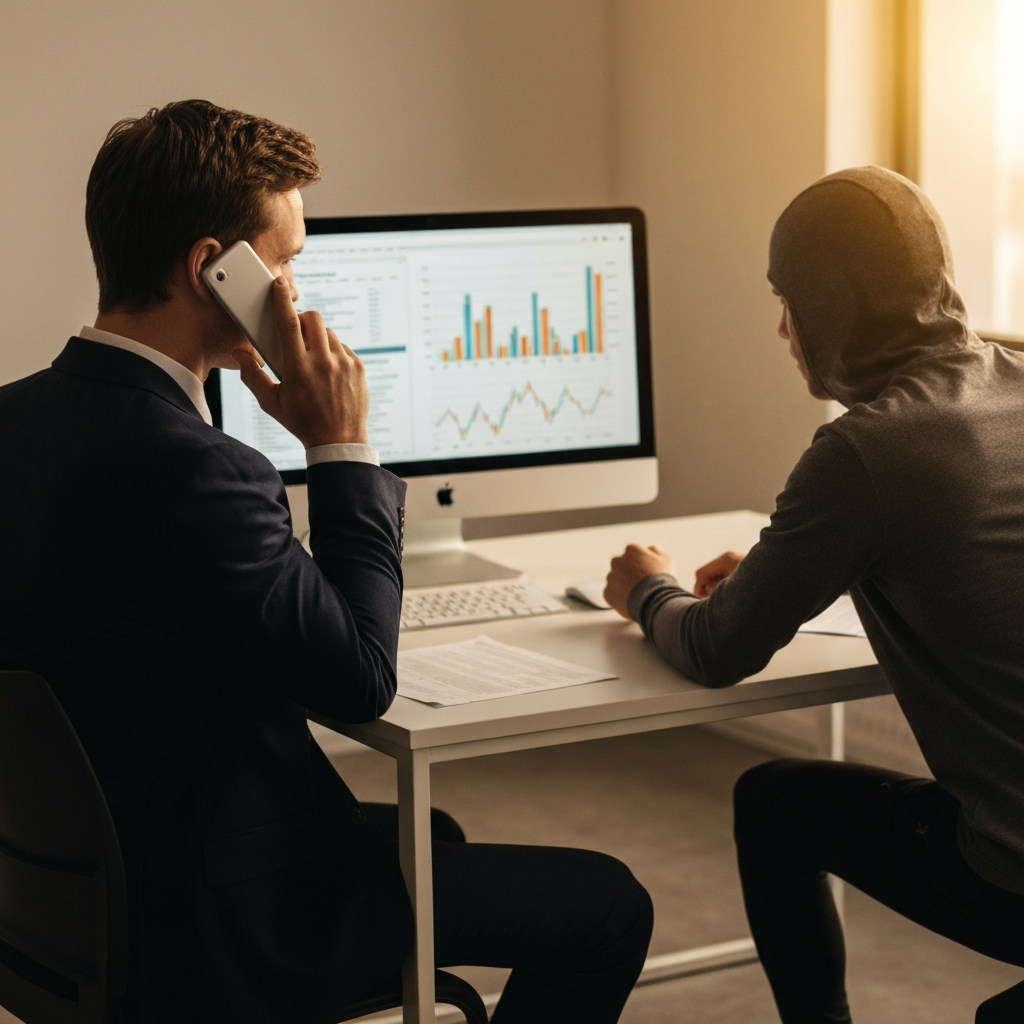 A professional business person sitting at a desk on the phone, with a computer monitor displaying financial charts in the background. The lighting is bright and even.