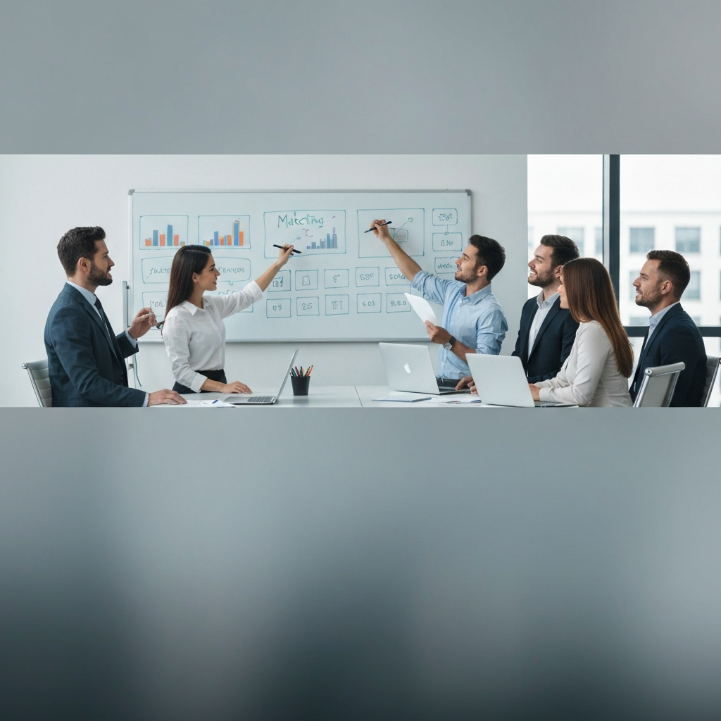 A marketing team brainstorming in a brightly lit office. The image captures a whiteboard filled with ideas and team members actively contributing.