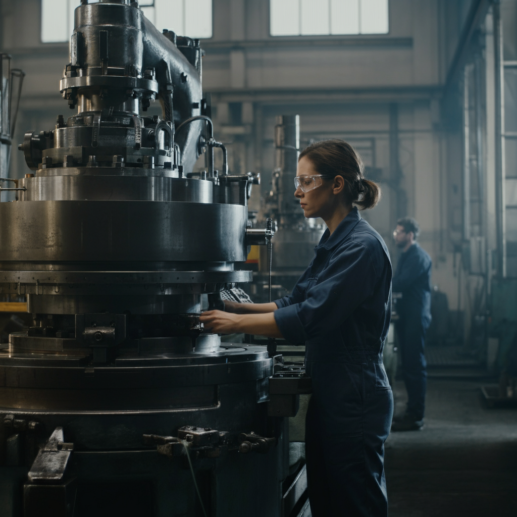 A factory floor where workers are operating machinery. Focus on the textures of the metal and the details of the machines. Soft light filters through the windows.