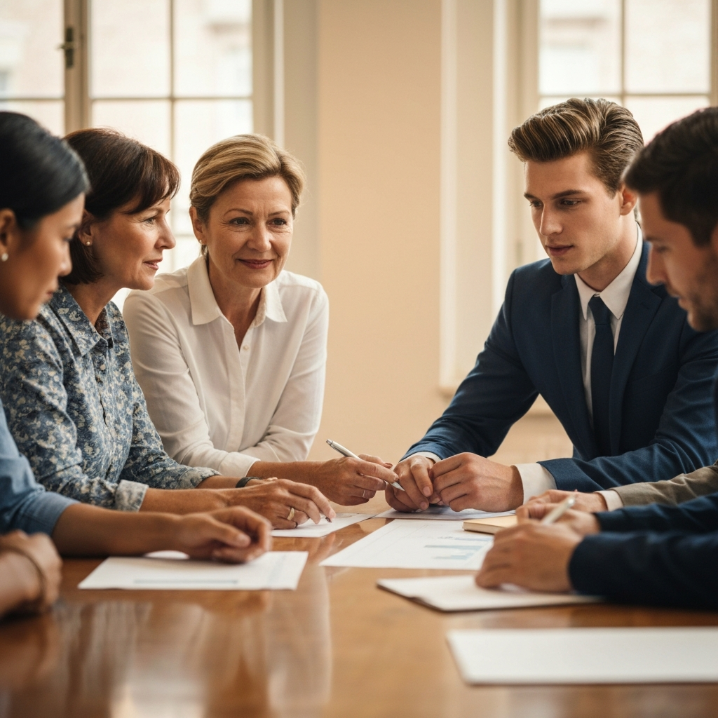 A diverse team of professionals collaborating around a table, brainstorming ideas. The lighting is warm and inviting, creating a sense of innovation and creativity.