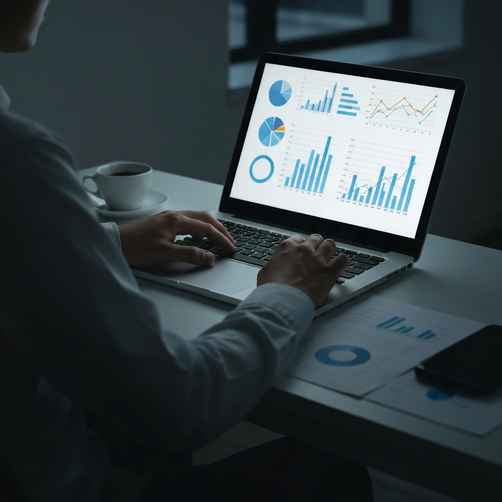 A person working on a laptop, analyzing data charts and graphs. The room is dimly lit, with the screen providing the primary source of light. A cup of coffee sits nearby.