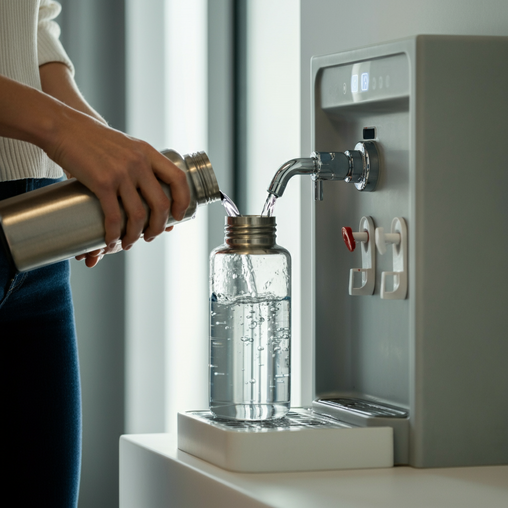 A person filling a reusable water bottle at a water cooler in a bright, modern office. Sunlight streaming through the window illuminates the clear water. Focus on the texture of the metal bottle and the clarity of the water.