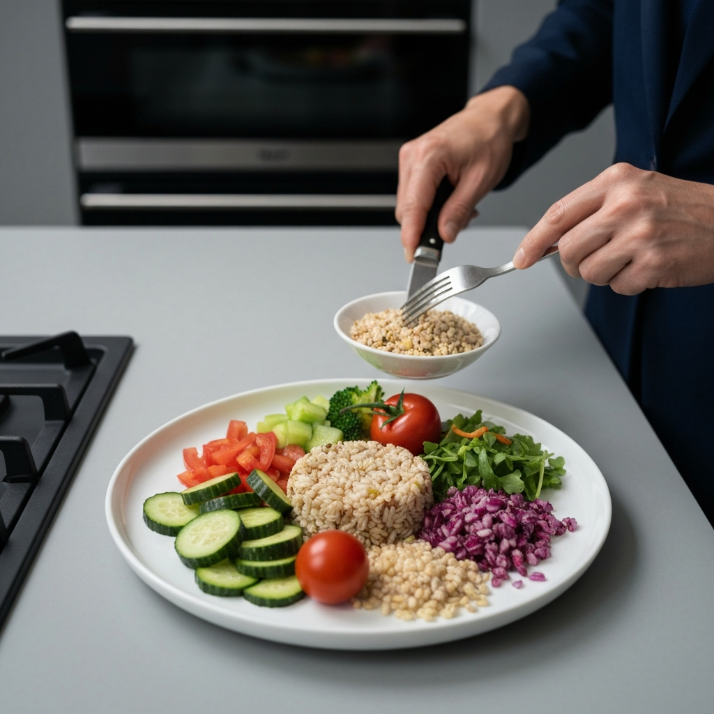 A close-up shot of a colorful, healthy meal being prepared in a modern kitchen. Fresh vegetables, whole grains, and lean protein are visible. Focus on the vibrant colors and textures of the ingredients.