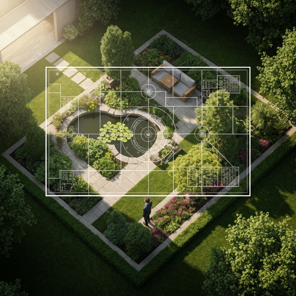 Overhead shot of a rectangular garden, with a semi-transparent Bagua map overlaid on top. The shot is slightly angled to emphasize depth. Soft, diffused sunlight filters through the trees, casting gentle shadows. Various garden elements, such as a small pond, a seating area, and flower beds, are visible.