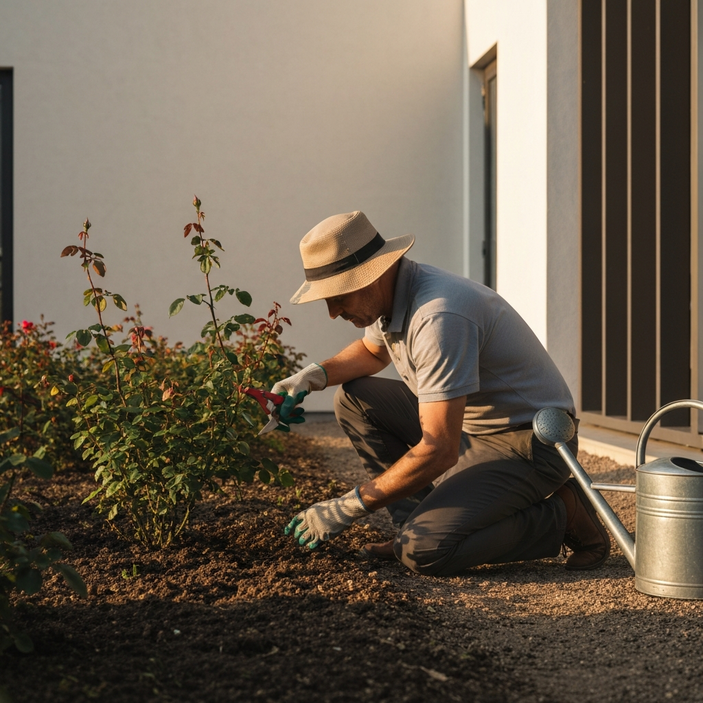 A gardener kneeling beside a flower bed, carefully pruning dead leaves from a rose bush. The gardener is wearing gardening gloves and a sun hat. The lighting is warm and golden, characteristic of late afternoon, highlighting the textures of the leaves and soil. A watering can sits nearby, partially obscured by foliage.