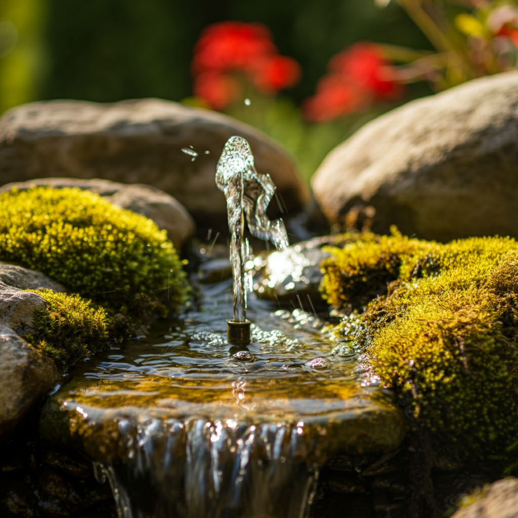 A close-up shot of a small water fountain in a garden setting. The water is trickling gently over smooth, moss-covered stones. Sunlight reflects off the water's surface, creating a shimmering effect. The background is blurred, with hints of green foliage and red flowers.