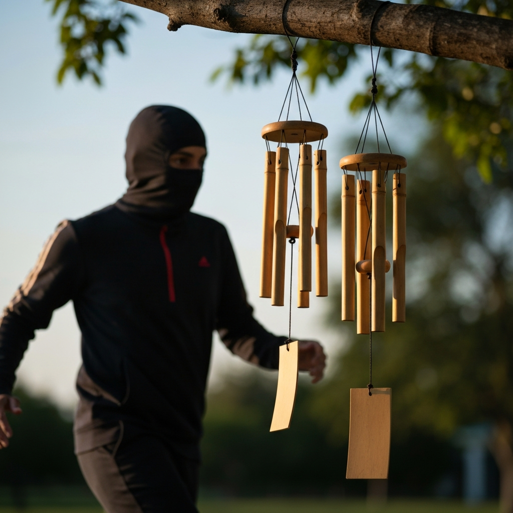 A set of wind chimes hanging from a tree branch, gently swaying in the breeze. The wind chimes are made of bamboo and metal, and they produce a soft, melodic sound. The background is blurred, with hints of green foliage and blue sky.