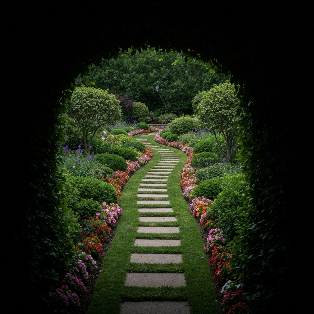 A winding garden path made of stepping stones, leading through a lush garden. The path is lined with colorful flowers and shrubs. The lighting is soft and dappled, creating a sense of depth and mystery.