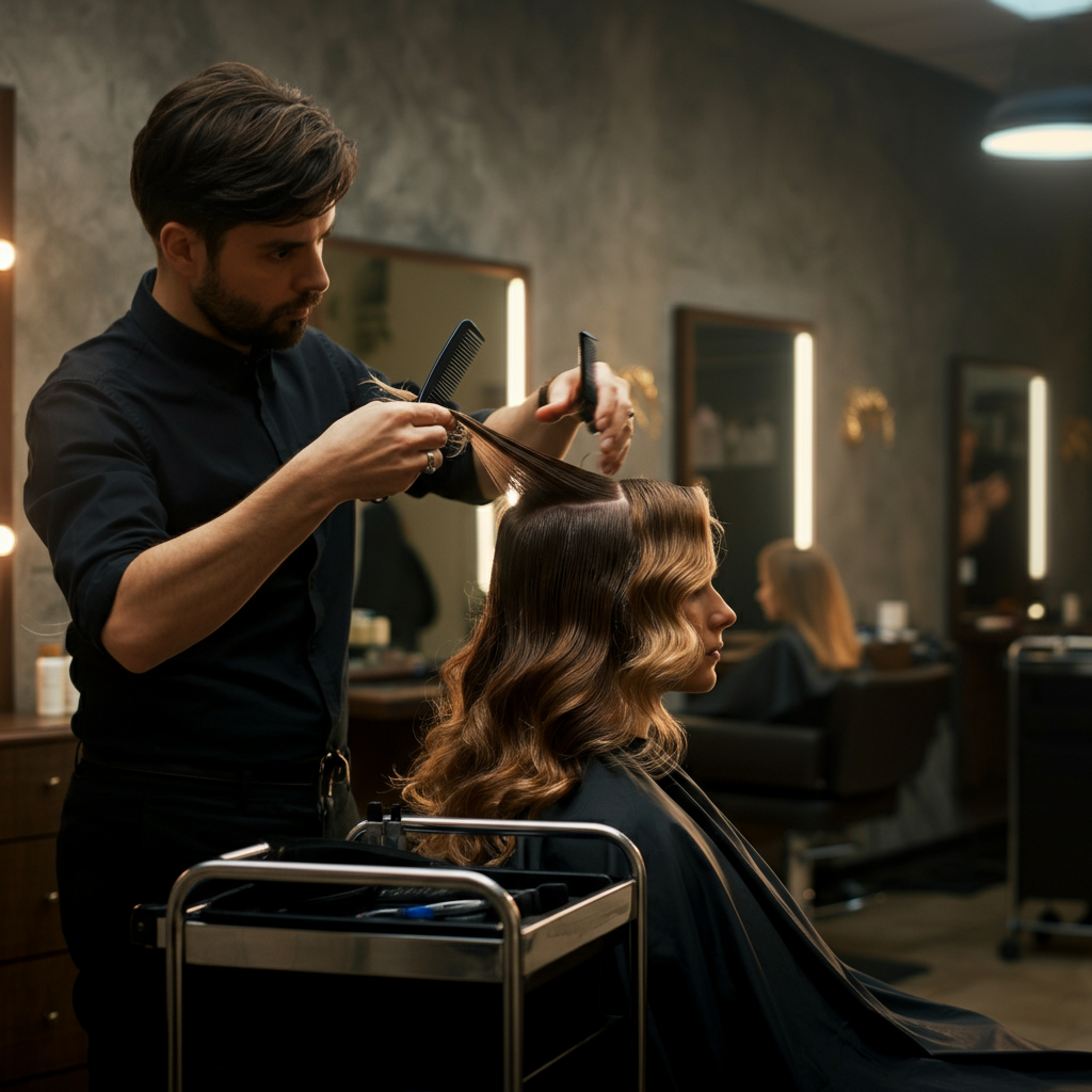 A hair stylist, bathed in soft salon lighting, carefully trims the ends of a client's long, wavy hair. The stylist's tools are neatly arranged on a stainless steel cart. The background features blurred images of other clients receiving treatments, creating a sense of professional activity.