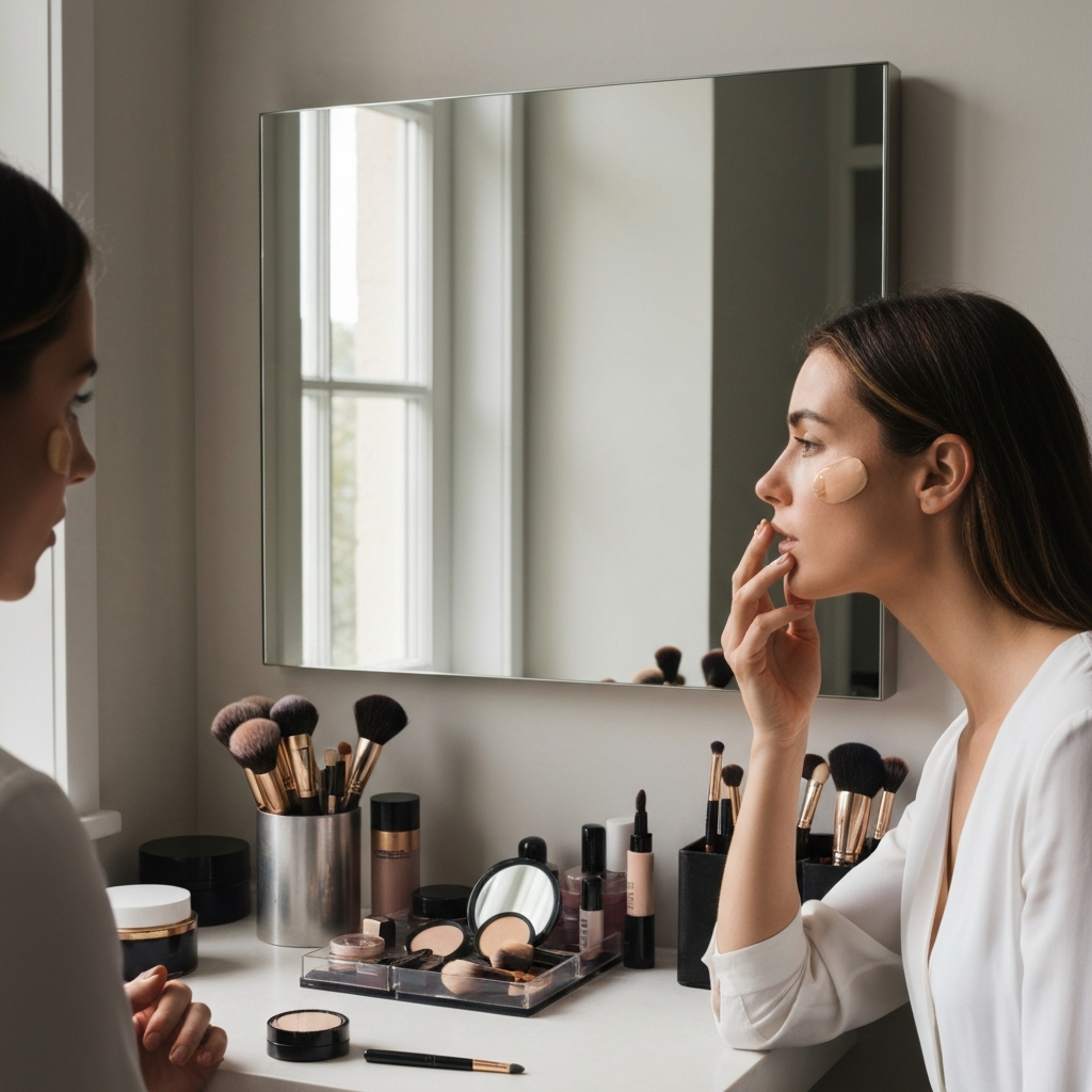 A woman applying light makeup in front of a well-lit vanity mirror. The mirror reflects natural daylight coming through a nearby window. Various makeup brushes and containers are neatly arranged on the vanity surface. Her hand is gently dabbing foundation onto her cheek.