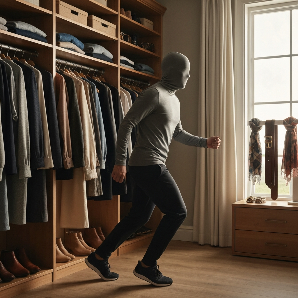 A neatly organized walk-in closet with clothes arranged by color and type. Natural light streams in from a window, illuminating the textures of different fabrics. A few stylish accessories, like scarves and belts, are displayed on shelves.