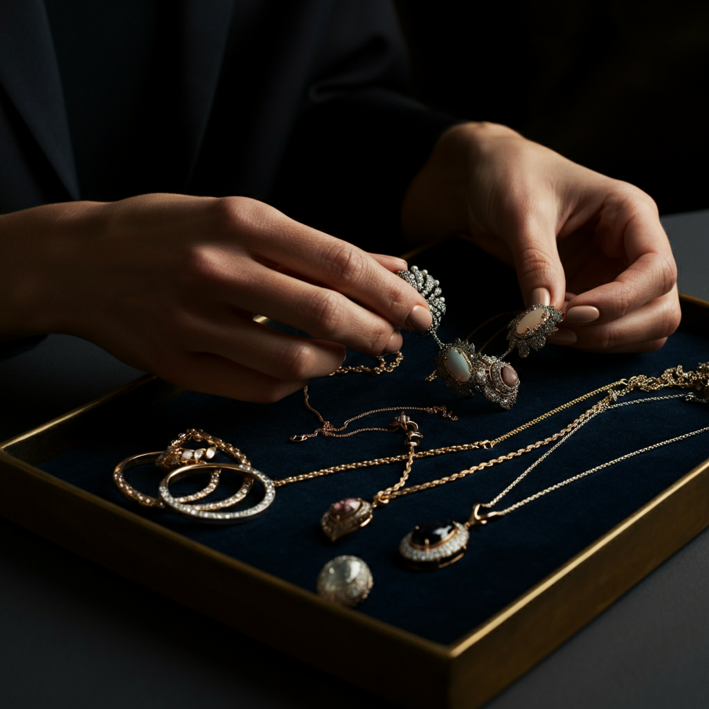 A close-up shot of a woman's hands carefully selecting jewelry from a velvet-lined tray. The tray contains a variety of necklaces, earrings, and bracelets in different styles and materials. Soft lighting highlights the intricate details of the jewelry.