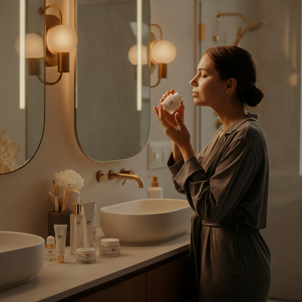 A woman applying moisturizer to her face in a brightly lit bathroom. The bathroom is clean and minimalist, with a focus on natural materials. A variety of skincare products are neatly arranged on the countertop.