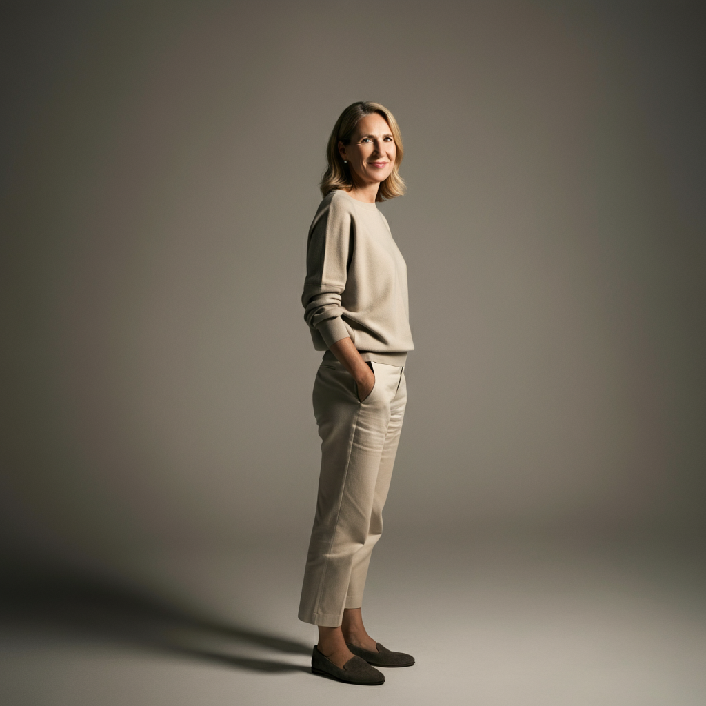 A woman standing in a relaxed, yet confident posture in a well-lit studio. She is wearing a simple, elegant outfit and smiling gently. The background is a neutral color, allowing the focus to remain on her posture and expression.