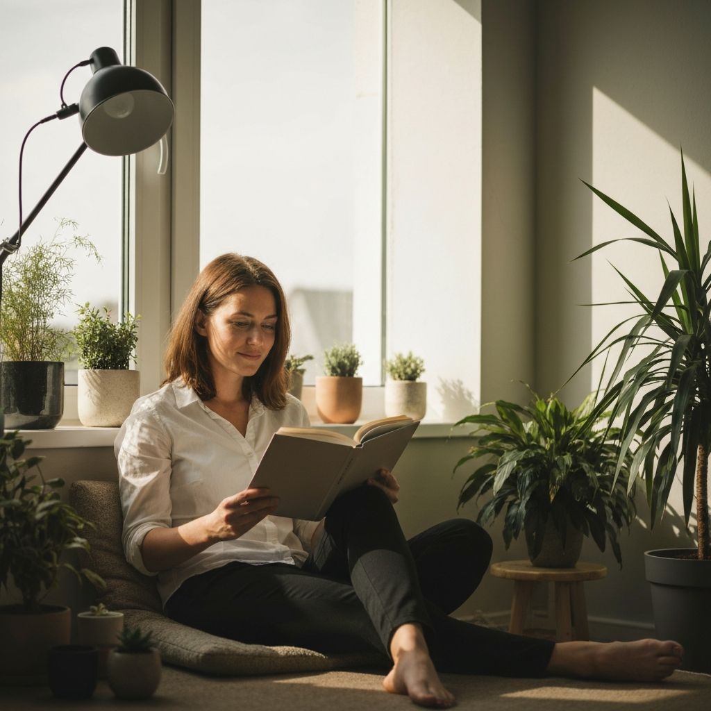 A woman sitting comfortably in a sunlit room, reading a book with a relaxed expression. She is surrounded by plants and other calming elements, creating a sense of peace and tranquility. Natural light bathes the scene in a warm glow.