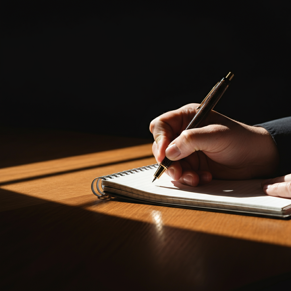 A close-up shot of a hand writing on a notepad. The hand is holding a pen, and the notepad is resting on a wooden desk. The lighting is warm and focused, highlighting the texture of the paper and the ink.