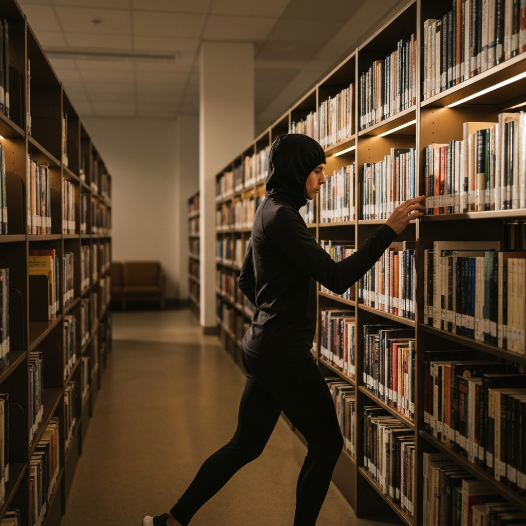 A library interior, showing shelves filled with books. The lighting is diffused and even, creating a scholarly and inviting atmosphere. A person is browsing the shelves, their hand gently touching the spines of the books.
