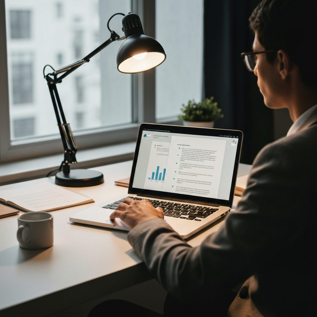 A person sitting at a desk, working on a laptop. The screen displays a document with bullet points and highlighted text. The lighting is a combination of natural light from a window and artificial light from a desk lamp, creating a productive and focused environment.