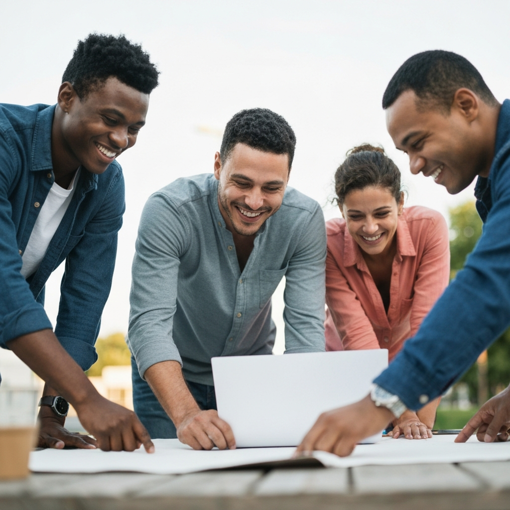 A group of diverse people working together on a community project outdoors. The lighting is bright and natural, and the atmosphere is collaborative and supportive. They are all smiling and engaged in the task at hand.
