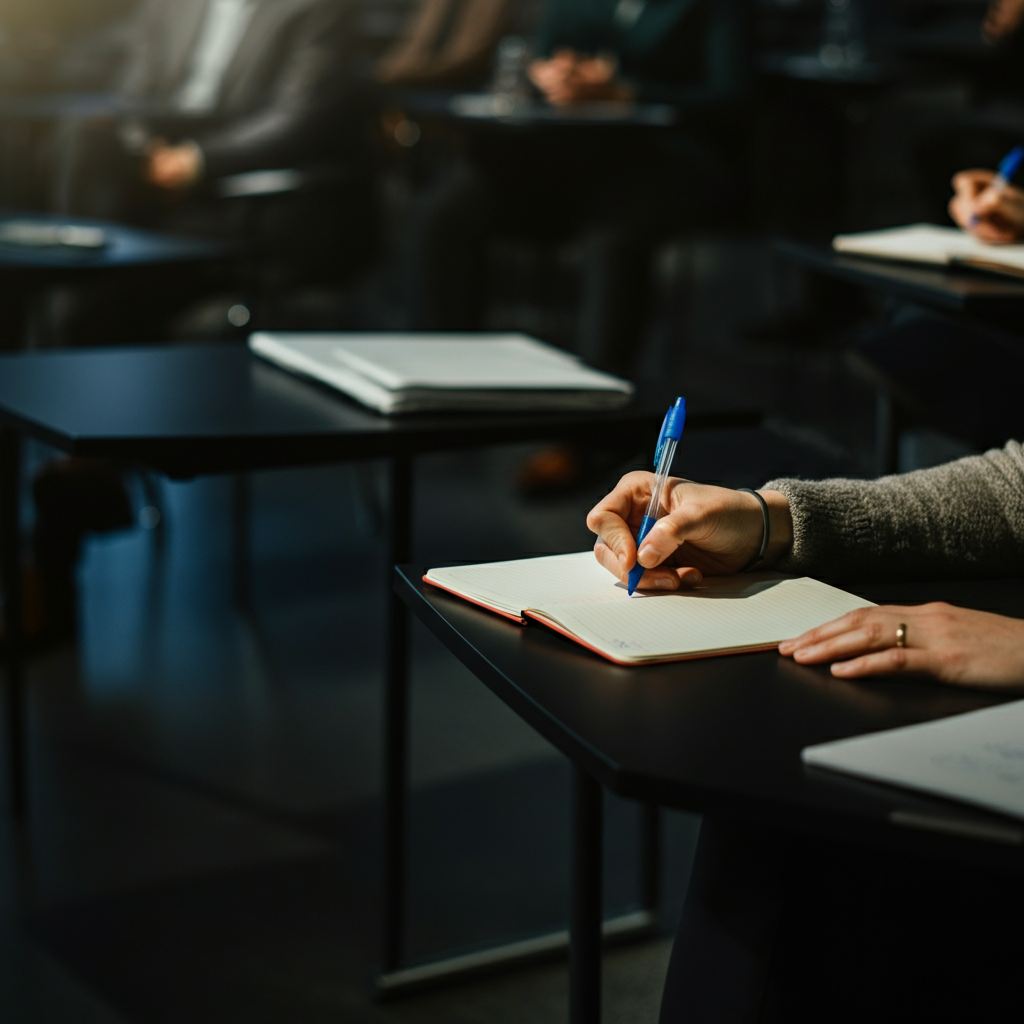 A person attending a workshop or seminar, taking notes and listening attentively to the speaker. The lighting is professional and well-lit, and the atmosphere is engaging and informative.