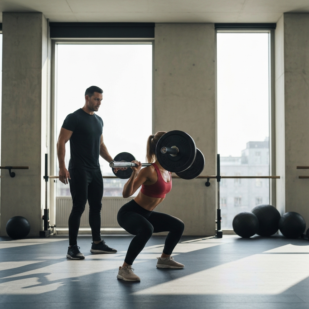 A fitness studio with natural light streaming through the windows. A woman is performing a barbell squat, her form is perfect, her muscles are tense but controlled. A trainer is observing her carefully.