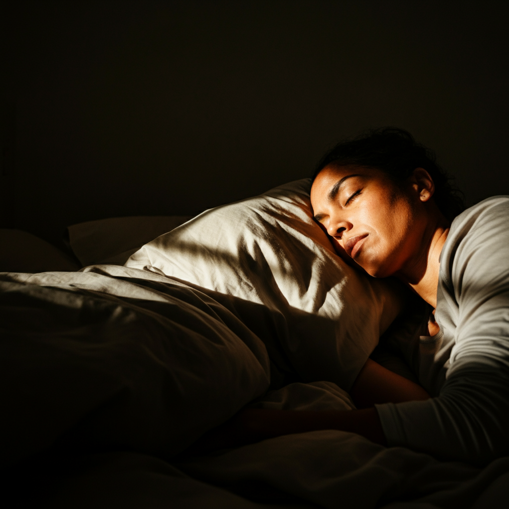 A dimly lit bedroom with soft, diffused light. A person is sleeping peacefully on their back, covered by a light duvet. Focus is on the texture of the bedding and the relaxed expression on the person's face.
