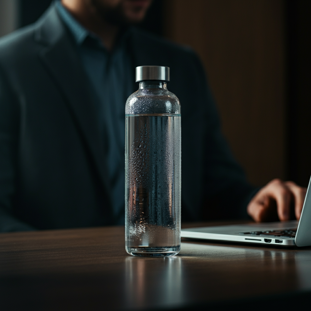 A clear glass water bottle sitting on a desk next to a laptop. The water bottle is partially filled with water, and condensation is visible on the outside. The lighting is bright and clean, highlighting the clarity of the water.
