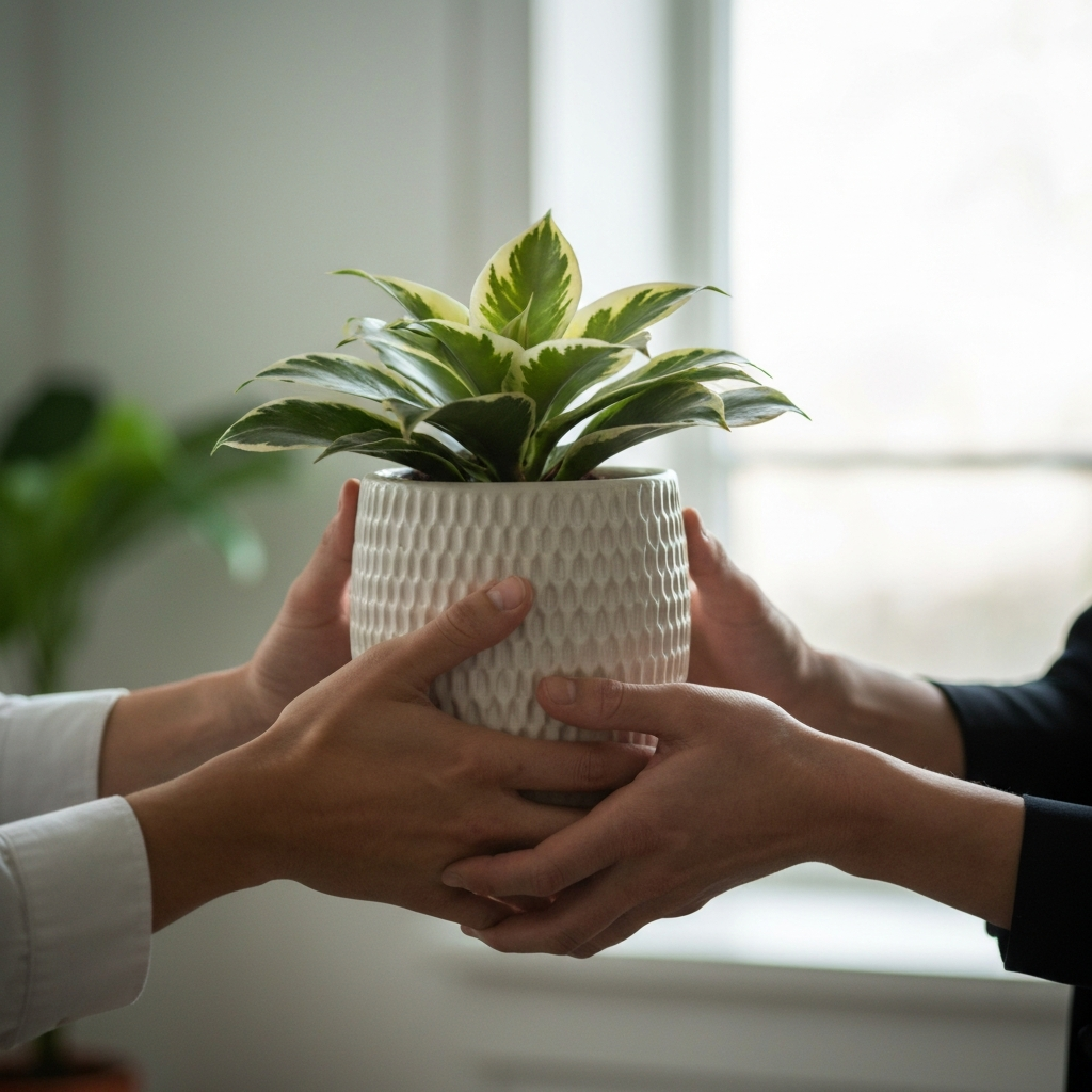Close-up of hands exchanging a potted plant. Soft, diffused daylight filters through a window, illuminating the textured ceramic pot. The background is blurred, focusing on the friendly exchange.