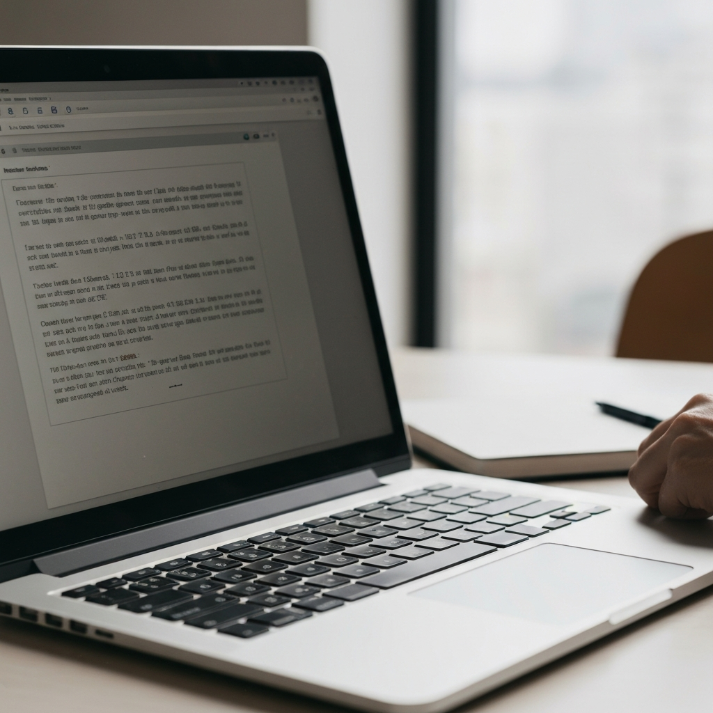 A laptop screen displays a half-written email. Natural light streams in from the side, highlighting the keyboard keys and the gentle curve of the laptop lid. Focus is soft, giving a relaxed, productive feel.