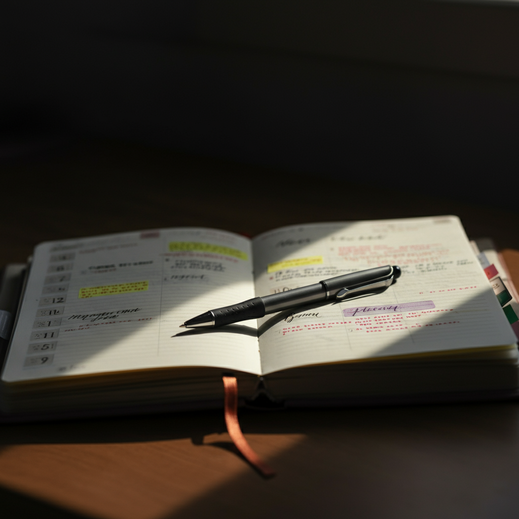 An open planner lies on a desk, bathed in warm, golden hour lighting. The pages are filled with handwritten notes and color-coded appointments. A pen rests casually on the page, suggesting a moment of planning.