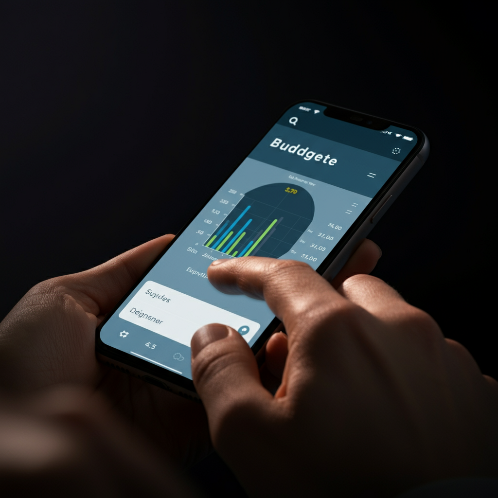A smartphone displaying a budgeting app, lit by soft, ambient light. The user's hand is gently tapping the screen. The focus is on the clean interface and data visualization.