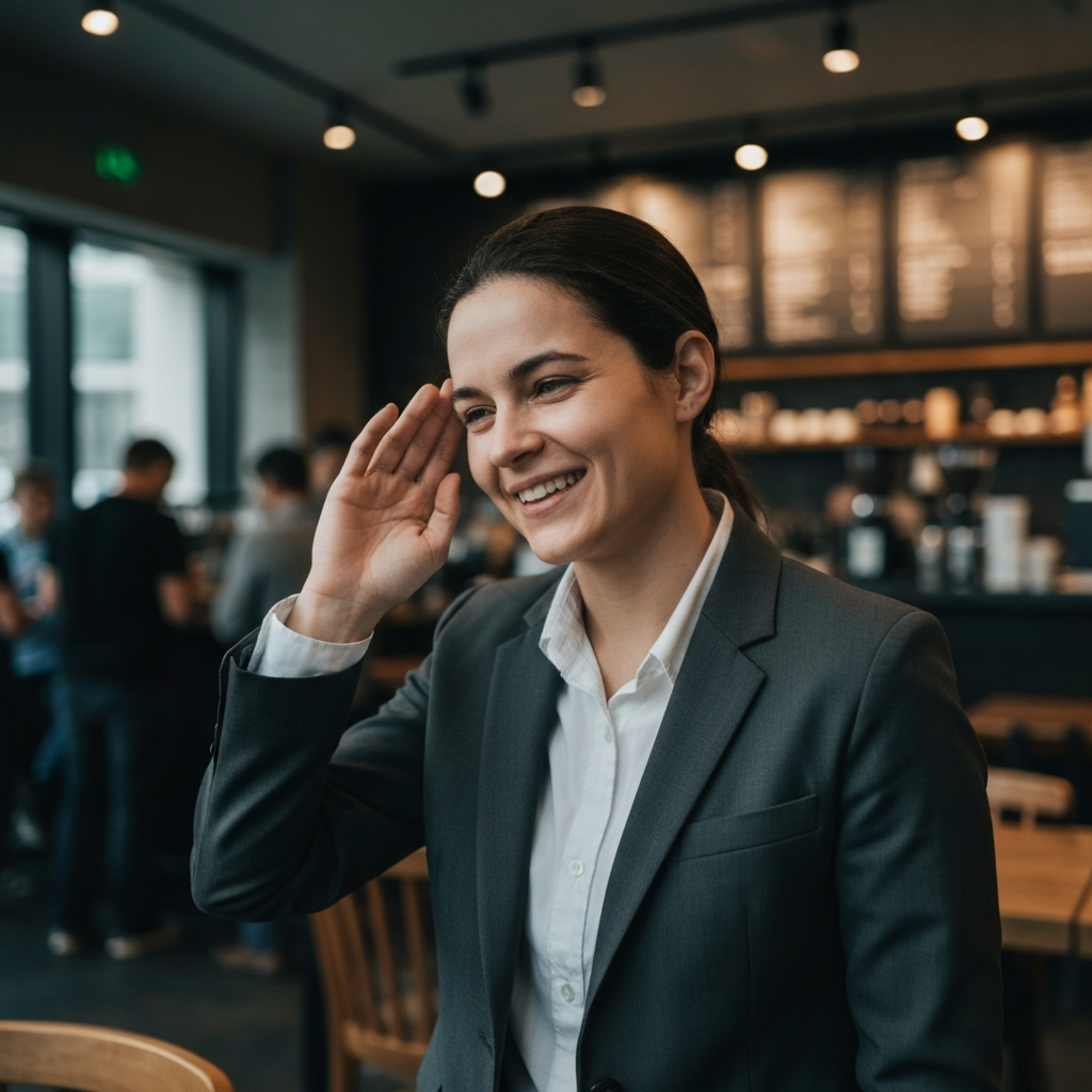 A person shaking their head gently, with a warm, understanding expression. The background is a bustling coffee shop, slightly blurred to emphasize the individual's focus.