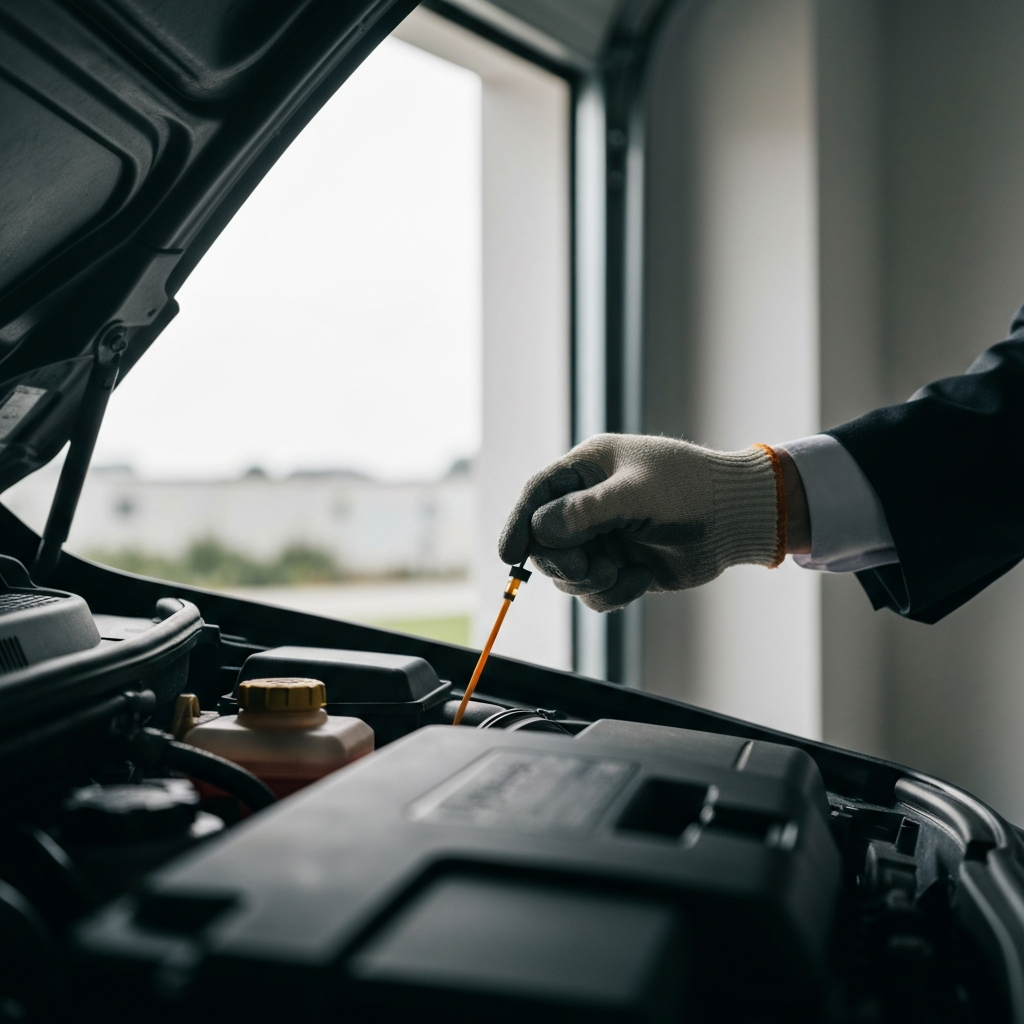 A mechanic's hand checking the oil dipstick of a car engine. The lighting is natural, coming from an open garage door. The focus is sharp on the dipstick and the mechanic's gloved hand, showing the oil level.