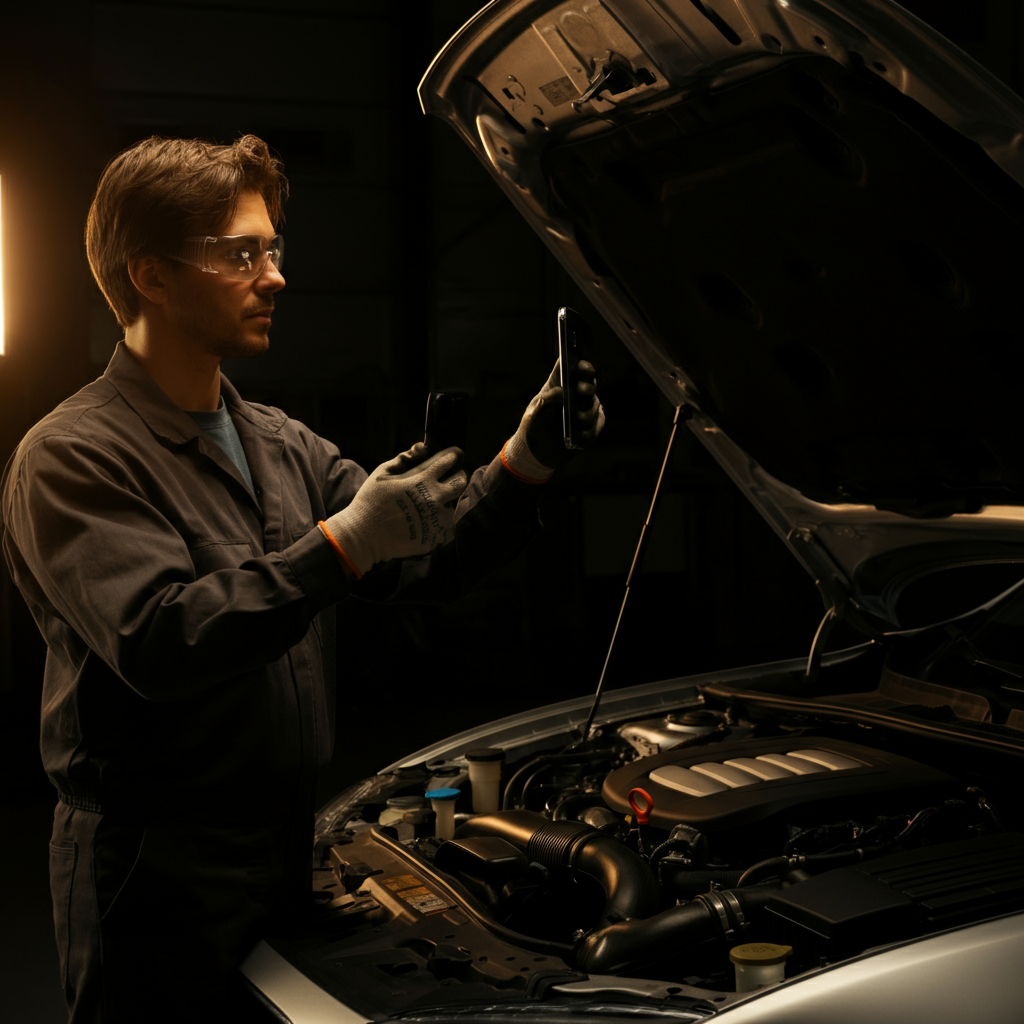 A person standing beside an open car hood, holding a phone up to record the engine sound. The person is wearing safety glasses and work gloves. Golden hour lighting provides warm tones and soft shadows.