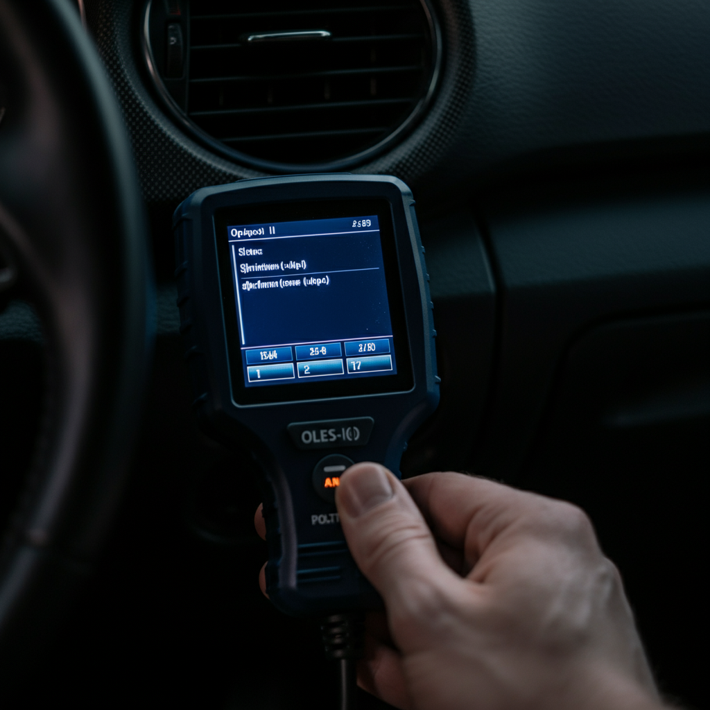 A close-up of an OBD-II scanner plugged into the port beneath a car's dashboard. The scanner screen is lit up, displaying a diagnostic code. The background is slightly blurred to focus attention on the scanner.